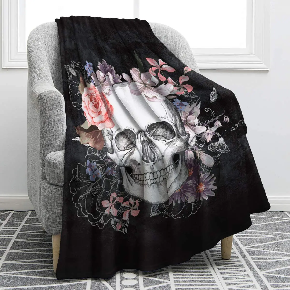 

Sugar Skull Blanket for Halloween Skull Rose Design Skeleton Soft Black Print Throw Blanket for Sofa Chair Bed Office Home Decor
