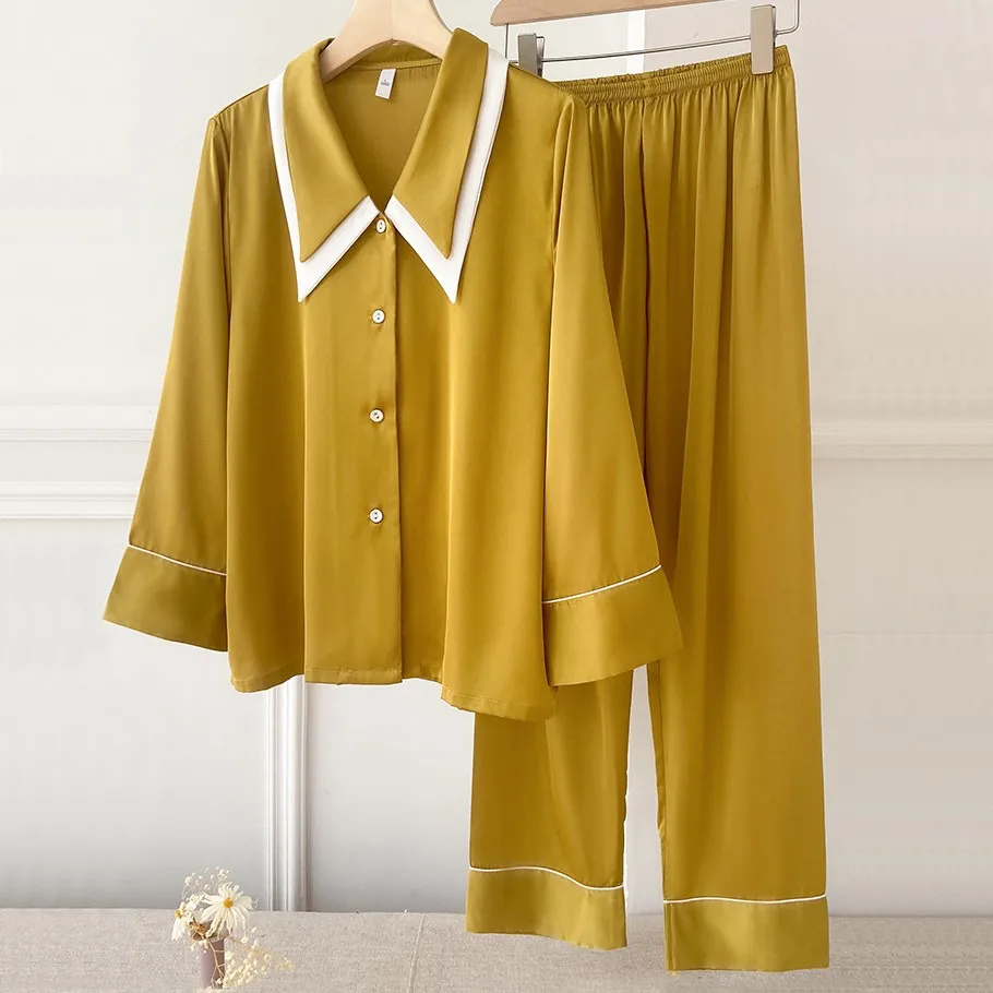 

Sleepwear Women Pajamas Set Long Sleeve Shirt&Trousers Pyjamas Suit Lapel Nightwear Lingerie Spring Rayon Negligee Homewear