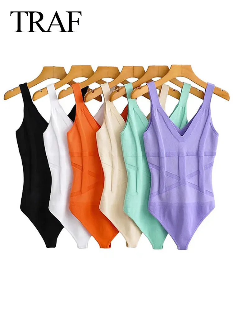 

TRAF New Fashion Line Element V-Neck Sleeveless Skin-Friendly Sling Lady Jumpsuit Elegant Six-Color Knit Women's Jumpsuit