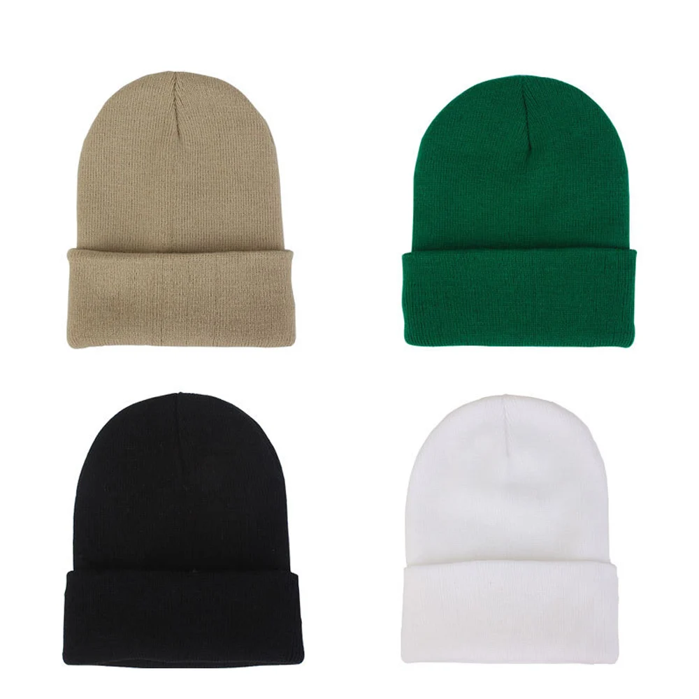 Вязаная Шапка-бини для мужчин и женщин зимняя теплая однотонная шапка взрослых