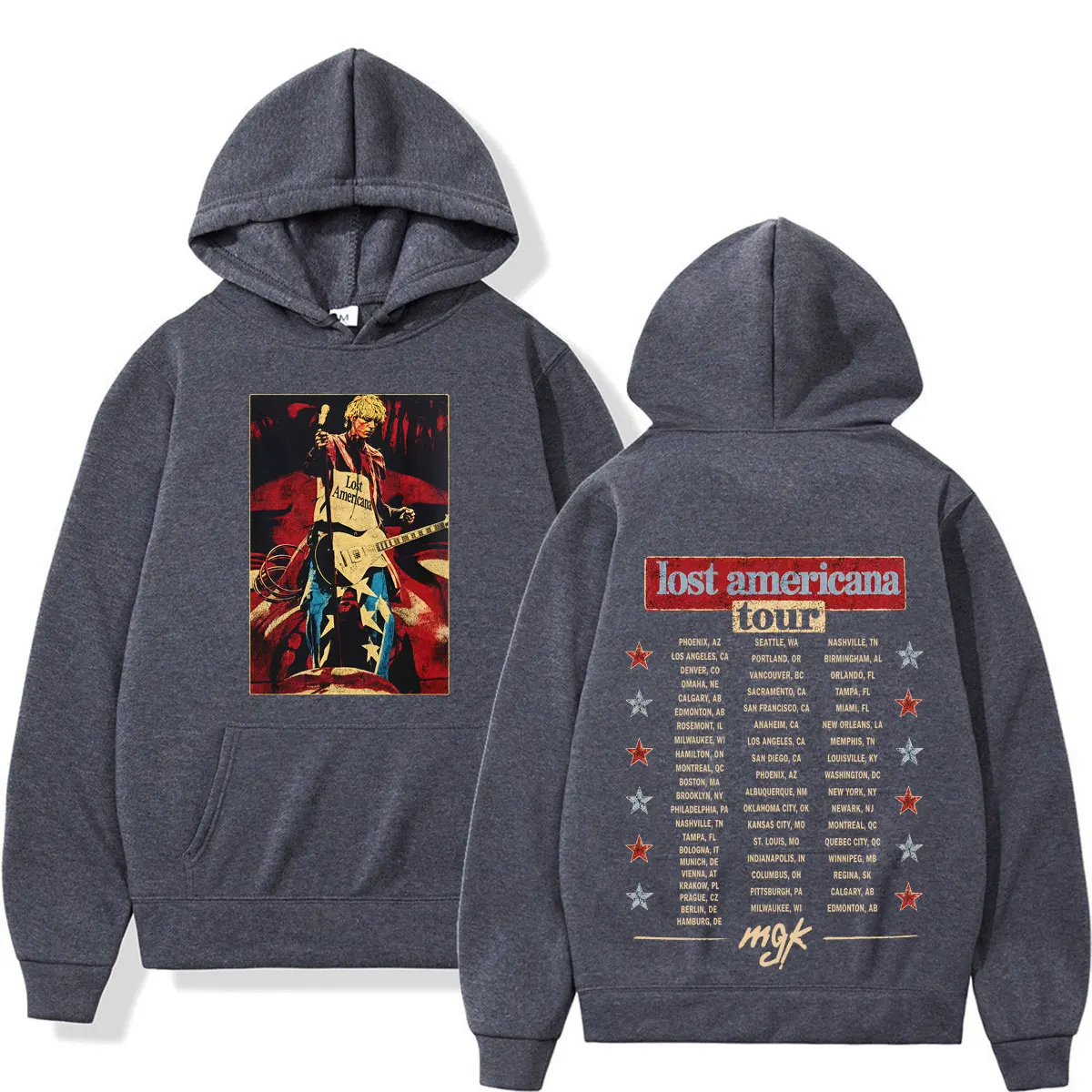 Фото Худи MGK Lost Americana Tour 2026 с принтом, мужские и женские, в стиле хип-хоп и панк, осенне-зимние, повседневные, свободные, винтажные толстовки с капюшоном №3