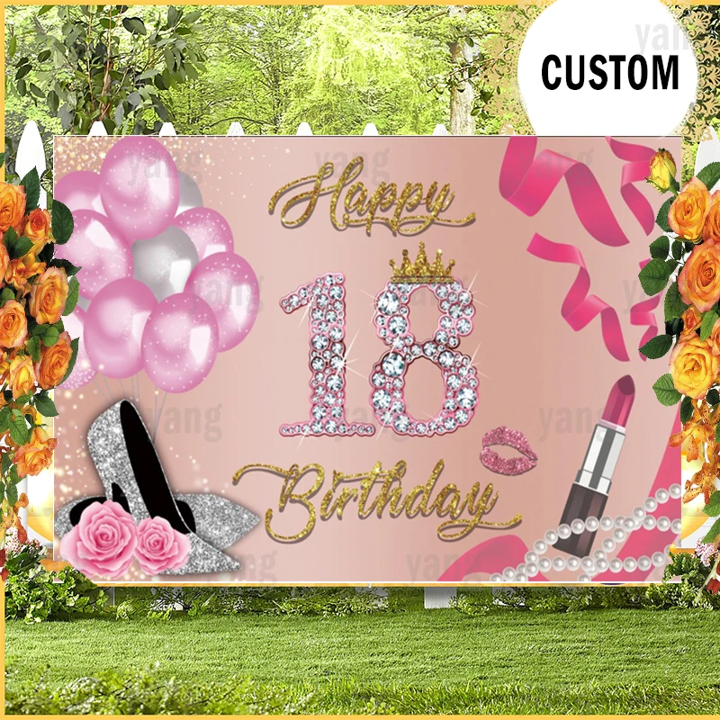 Pink Sweet 18th Glitter Backdrop Girls Happy Birthday Party Shoes Balloon Pink Flower Decoration Photography Background Banner