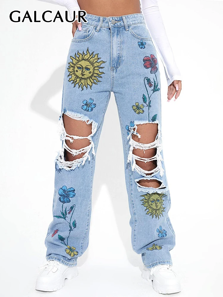 

GALCAUR Print Denim Pants For Women High Waist Patchwork Button Hit Color Hole Hollow Out Loose Straight Trousers Female Summer