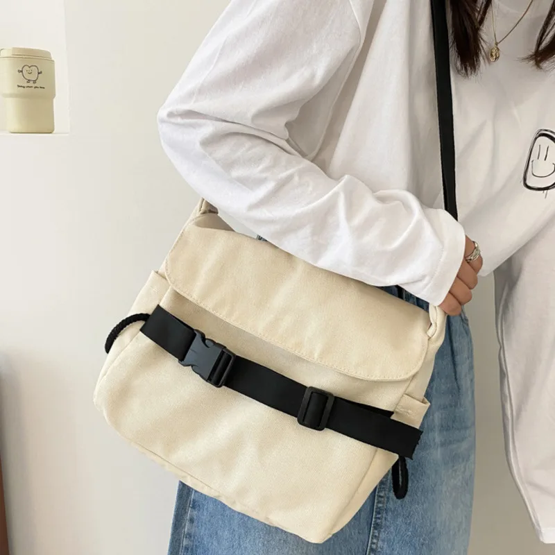 Women's Bag 2022 Canvas Large Capacity Single Shoulder Messenger Bags Hasp Velcro Solid Color Simple Female Canvas Student Bags