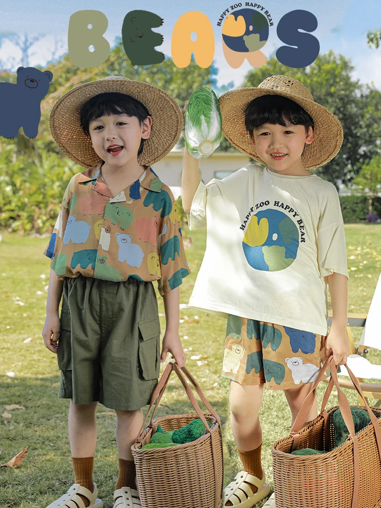 

Рубашка-поло с цифровым принтом для мальчиков, шорты, летняя детская повседневная футболка из двух частей с круглым вырезом