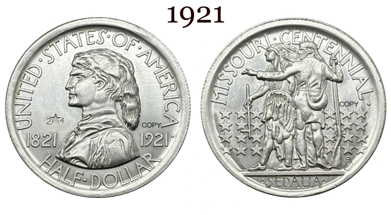 

Соединенные Штаты 1821 1921 1/2 Половина доллара 2 звезды 4 Миссури центия Седалия США Посеребренная копия памятных монет Ww2