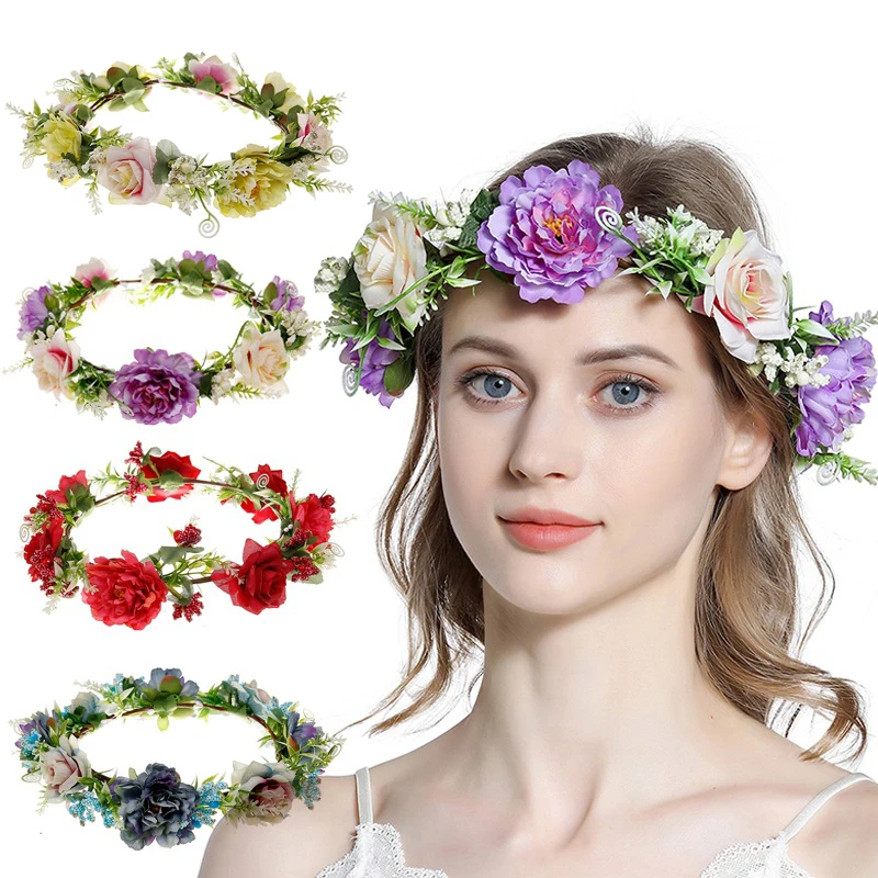 

Spring Bohemian Flower Crown Beach Hawaii Floral Garland Romantic Faux Rose Wedding Wreaths New Flower Headband Hair Accessories