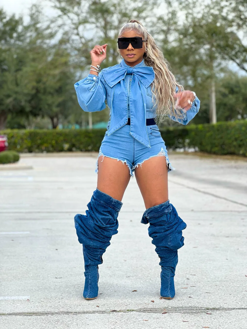 Denim Jeans Jumpsuit Overalls Women Elegant Party Chic Long Sleeve Bodysuits Bow Knot Top Nightclub One Piece Ladies Jumpsuits