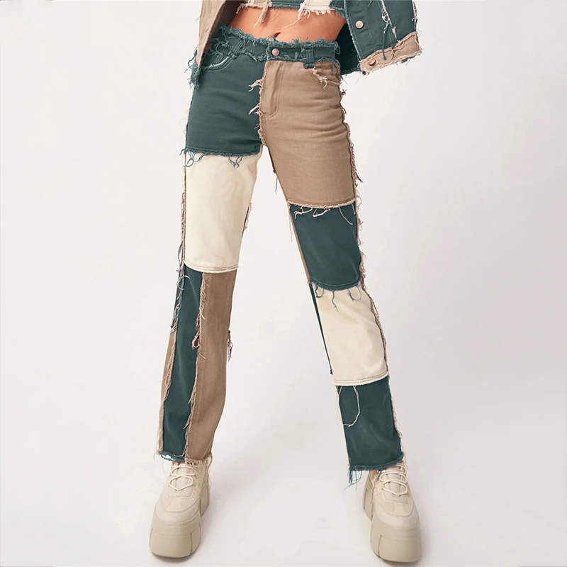 

Pop Patchwork High Waist Straight Denim Pants Women Casual Skinny Ripped Jeans Capris Pocket Long Trousers Ladies Streetwear