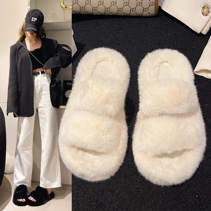 

New Winter Open Toe Slipper Fashion Fur Thick Sole Flats Heel Ladies Casual Slip On Bedroom Shoes Soft Outdoor Slides Shoes