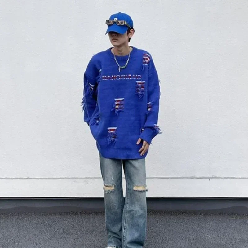 Мужская одежда пальто пуловеры вязаный свитер мужская куртка с дырками рваная