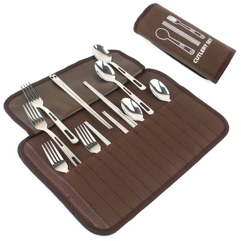 

Camping Outdoor Cutlery Set Portable 4 Person Spoon Fork Chopsticks Dinnerware With Boho Style Bag