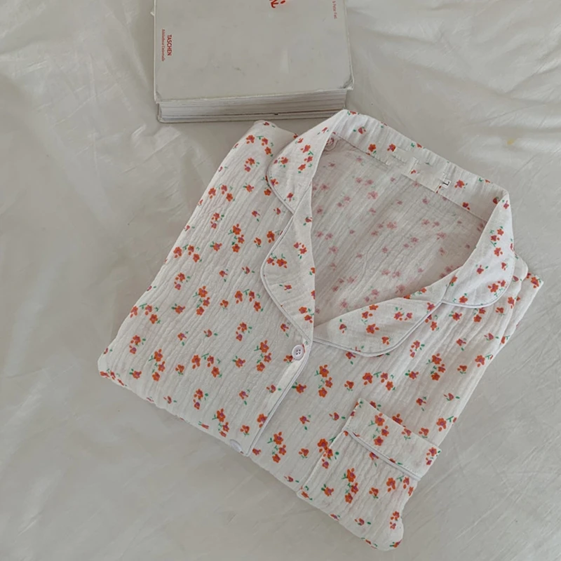 Women Autumn Button Down 2 Piece Pajamas Set Long Sleeve Lapel V-Neck Tops and Elastic Waist Pants Little Floral Printed 37JB