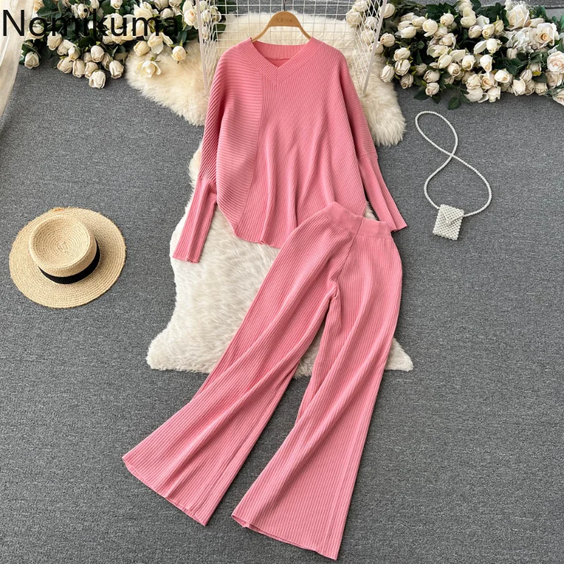 

Nomikuma Chandal Mujer Conjunto V Neck High Waist Irregular Hem Knitted Loose Conjuntos Feminino Elegante Casual Ensemble Femme
