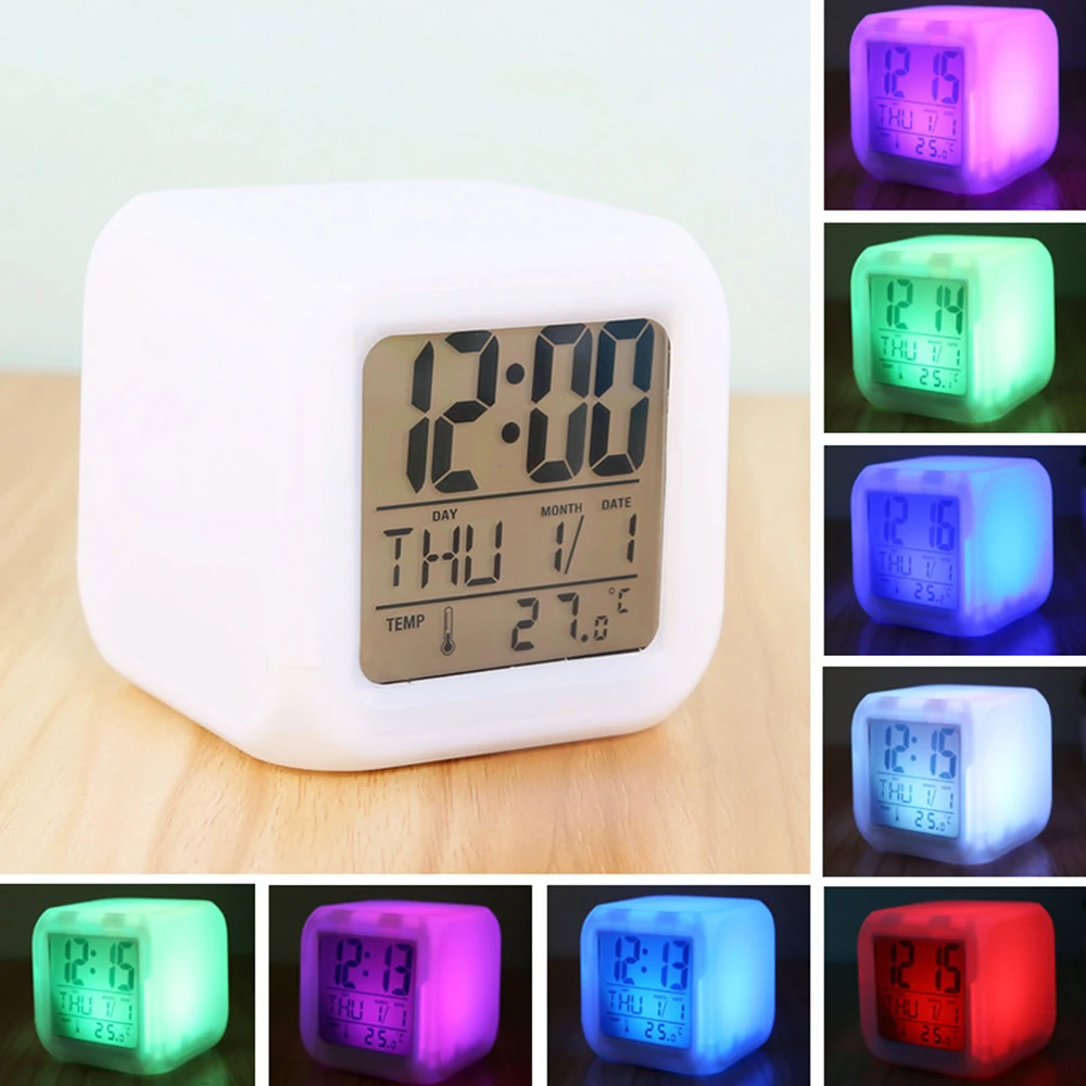 

Digital Desk Clock with Backlight Snooze Alarm Clocks 7 Color Changing Light TEMP Calendar Display Children Kids Holiday Gifts