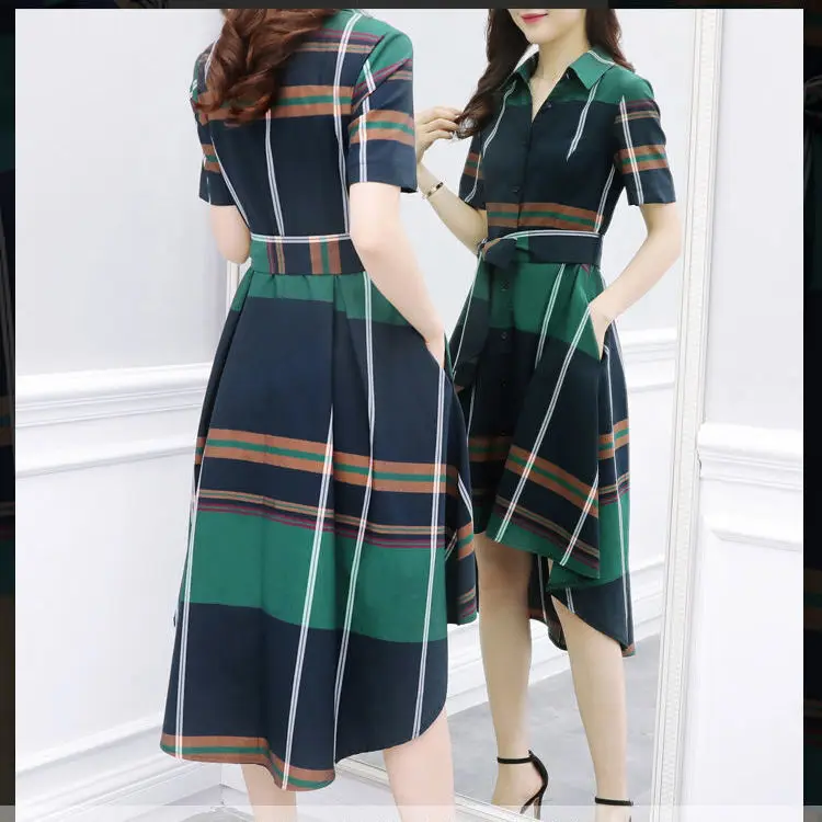 Элегантное модное асимметричное длинное платье в клетку с поясом и бантом