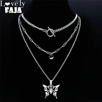 3pcs hip hop butterfly stainless%c2%a0steel chain necklace for women silver color layer necklace charms jewelry cadena n4598s03