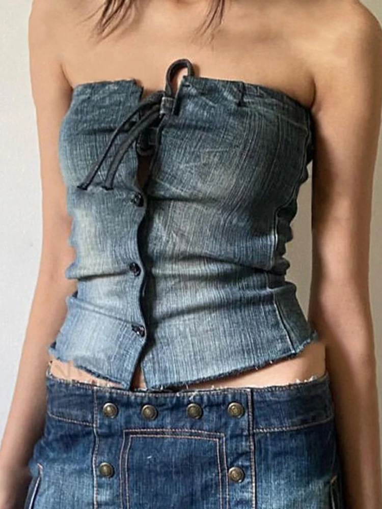 

Blue Y2K Denim Bandage Corset Top Button Tube Tops Women Washed Vintage Aesthetic Sleeveless Strapless Slim Crop Tees