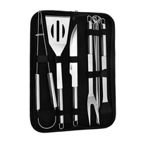 Stainless Steel BBQ 9 Pcs Tools Set Spatula Fork Tongs Knife Brush Skewers Barbecue Grilling Utensil Camping Outdoor Cooking