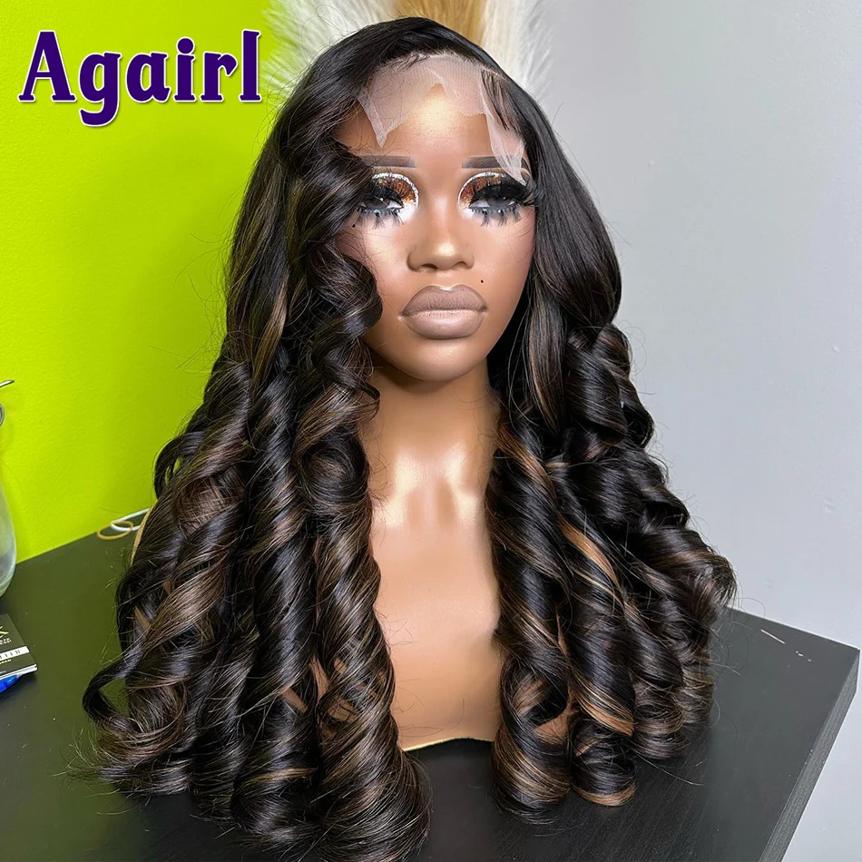 Funmi Bouncy Curly Highlight Brown Black 13X4 13X6 Lace Frontal Human Hair Wigs Ombre Blonde 27 Black Color 5X5 Lace Closure Wig