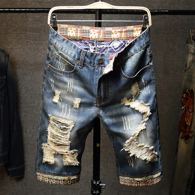 Summer Y2K Men's Jeans Ripped Short Streetwear Big Hole Fashion Casual Vintage Slim Denim Shorts Trousers Men Brand Clothes