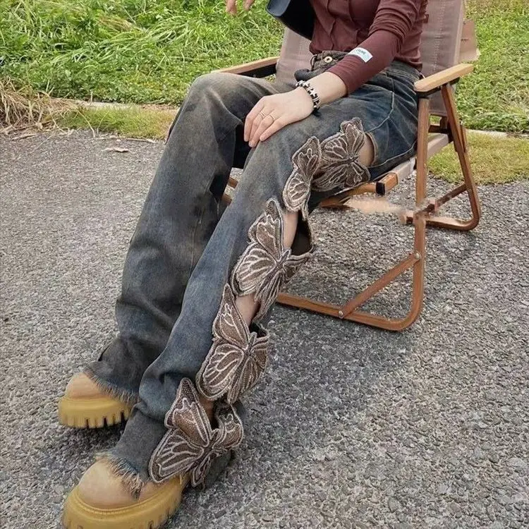 Y2K Street Hip-Hop Harajuku Butterfly Decoration Denim Women'S High Waist Embroidery Loose Straight Hole Mopping Pants Men