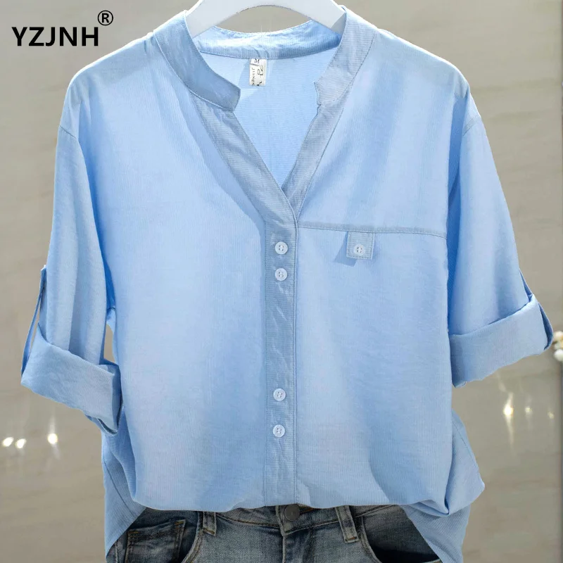 

YZJNH 2023 летняя новая Корейская версия тонкая свободная полосатая рубашка с рукавом три четверти и V-образным вырезом для женщин