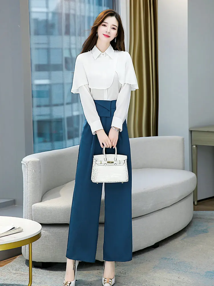 French Style Women White Shirt And Wide Leg Pant 2 Suits Set Office Lady Smart Casual Top And High Waist Trouser Twinset Outfits
