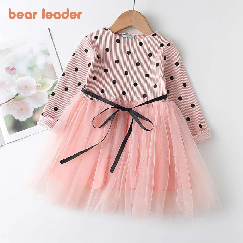 

Bear Leader Girls Dress 2022 New Spring Casual Style Cartoon Pink Long Sleeve Wool Bow Design for Princess Dress Girls Clothes