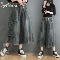 aricaca flower embroidered jeans womens summer loose wide leg trousers l 2xl elastic waist denim pants