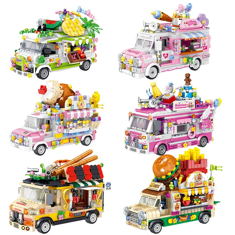 

Colorful City Street View Building Blocks Fruit Truck Ice Cream and Dessert Sales Hamburger Car Assembly Building Blocks Toys