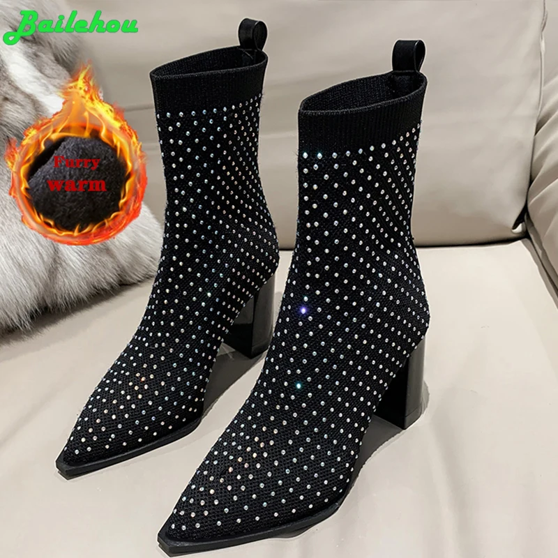 

Теплые короткие ботильоны для женщин 2023 современные женские ботинки со стразами на меху женская обувь модная осенне-зимняя обувь с острым н...