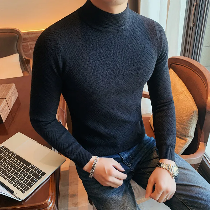 

2022 Men Autumn Winter Fashion Long Sleeve Knitted Tops Male Mock Neck Solid Sweater Tops Men Slim Fit Casual Warm Jumpers L14