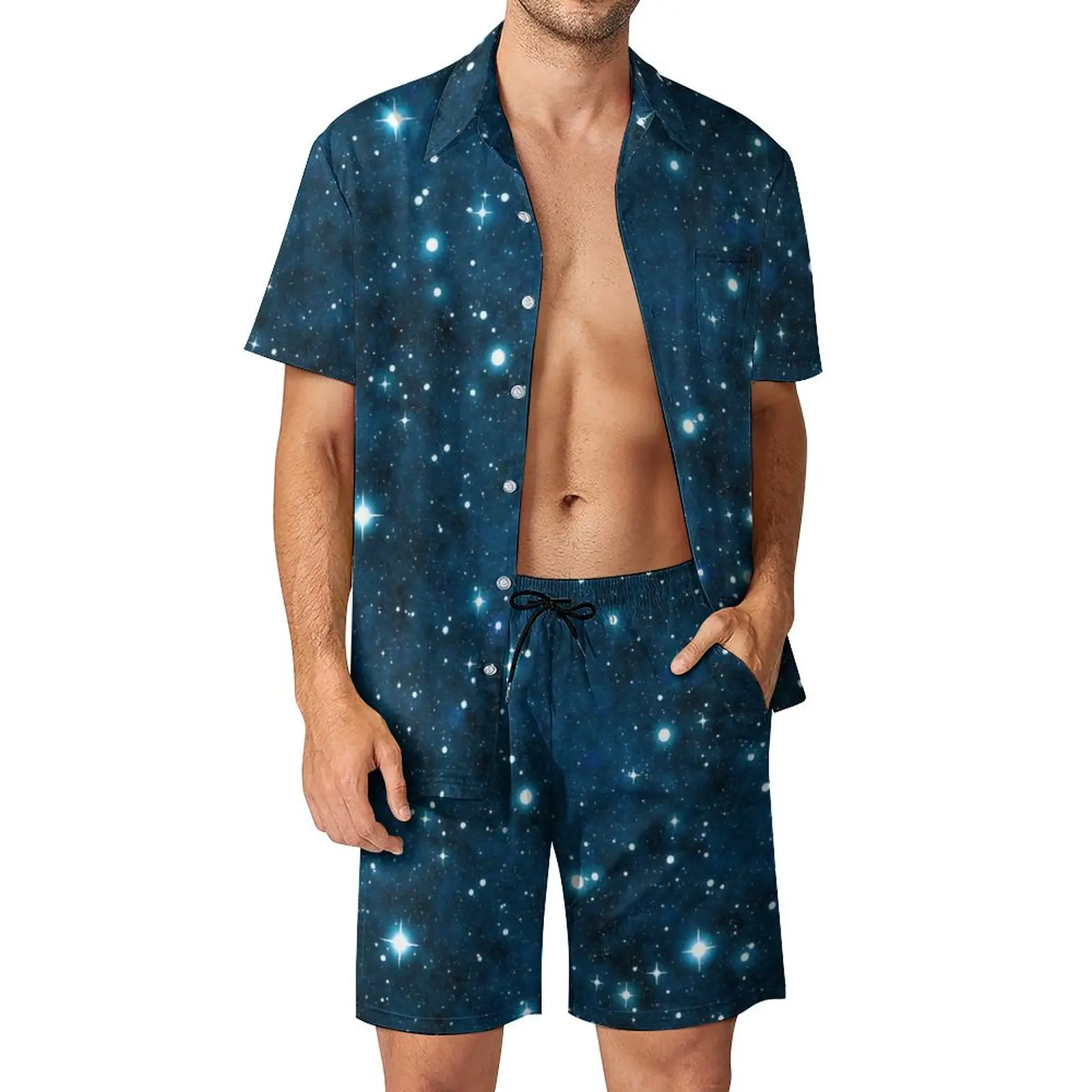 

Glitter Galaxy Vacation Men Sets Blue Sparkle Stars Casual Shirt Set Summer Custom Shorts 2 Piece Trending Suit Plus Size 3XL
