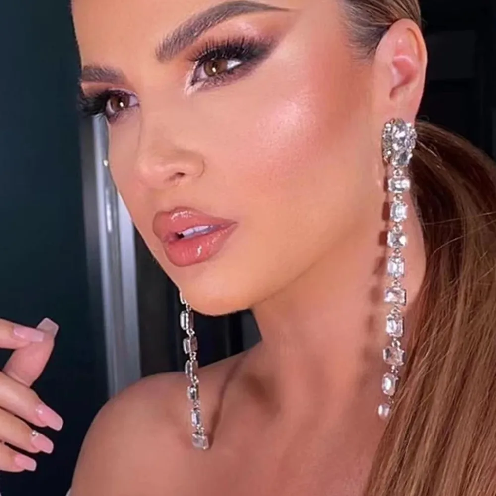 

Rhinestone Super Long Square Pendant Drop Earrings Wedding Jewelry for Women Crystal Geometric Statement Dangle Earrings Gift