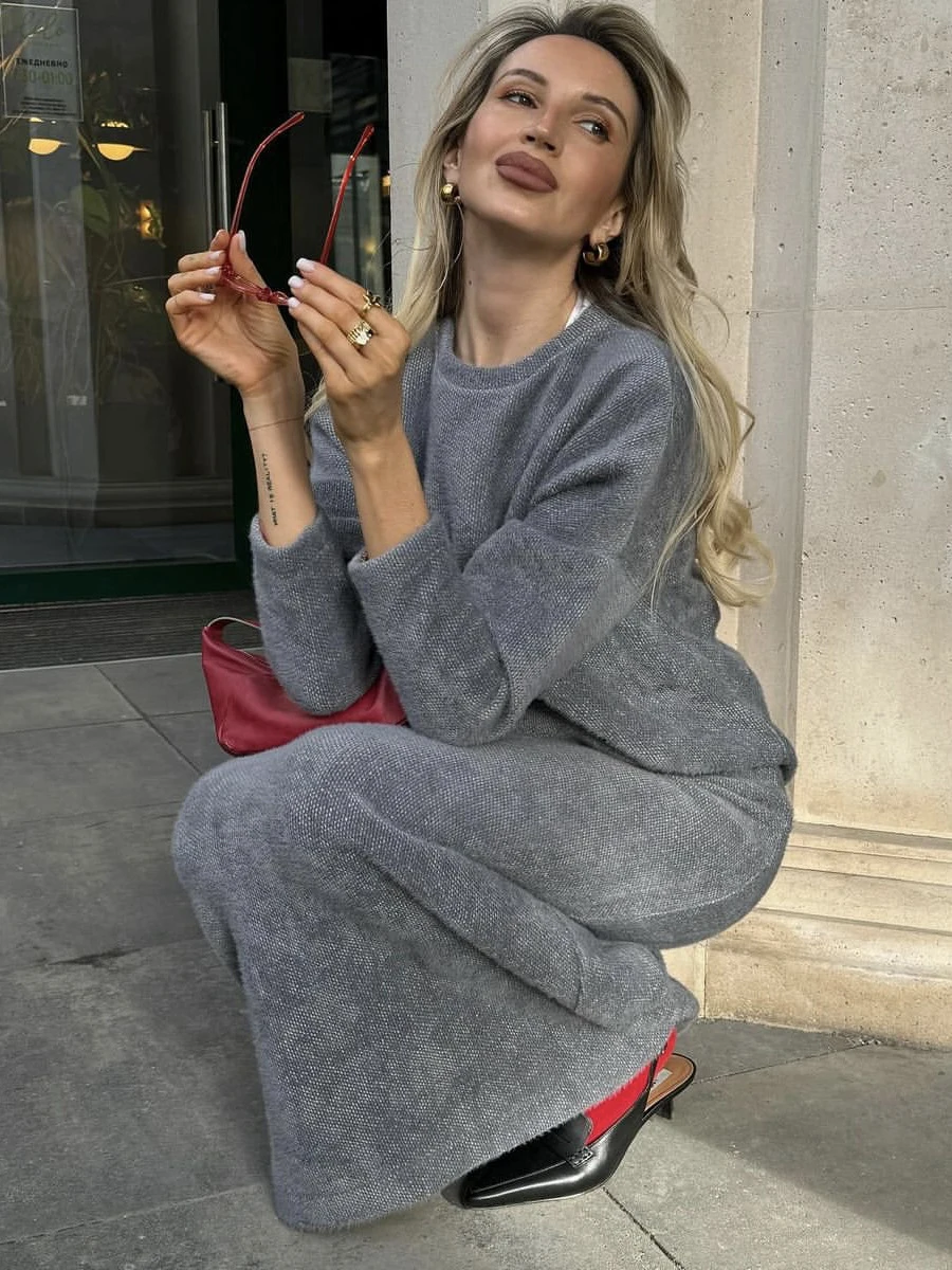 Осень-зима однотонный вязаный комплект из 2 предметов женский свитер с круглым