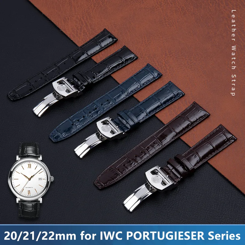 

20mm 21mm 22mm Flat End Bamboo Genuine Leather Watch Band for IWC PORTUGIESER PILOT'S Watchband Cowhide Strap Folding Buckle