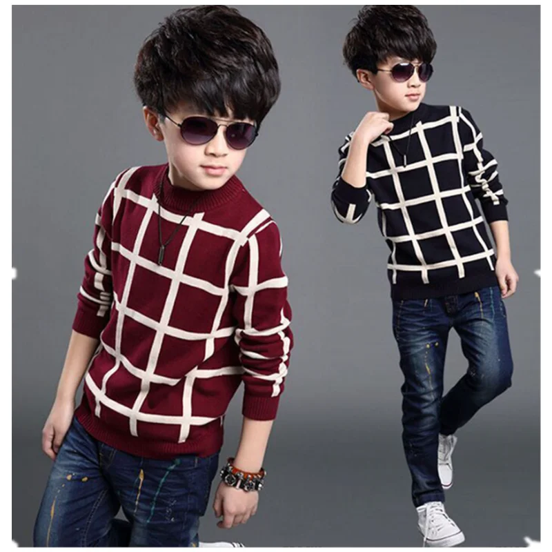 

5Y-13Y Kids Boys Sweater Top 2022 New Spring Pullover Knitted Sweater Long Sleeve Plaid Korean Children Boy Clothing G0022