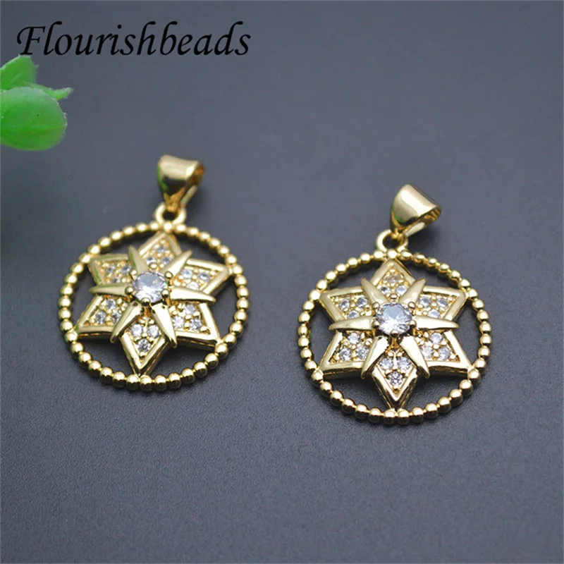 High Quality Anti Fading  Gold Color CZ Pave Holllow Round Sun Star Charms for Diy Earring Bracelet Necklace Making 20pc