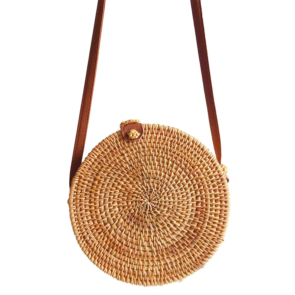 Retro Beach Straw Rattan Bag Handwoven Crossbody Circle Round Bag Shoulder Bag