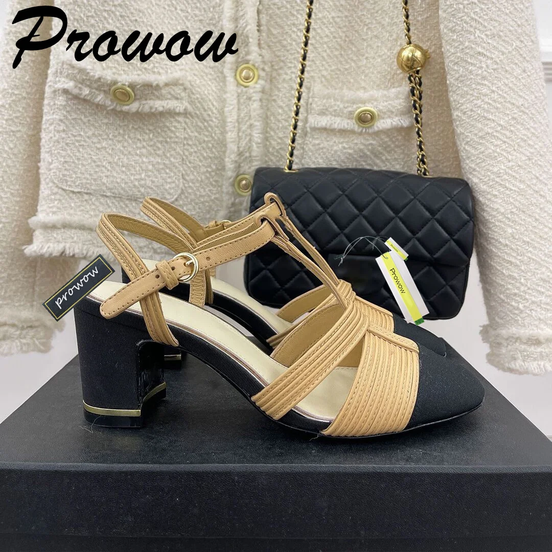 

Prowow New Quality Genuine Leather Beige Black Mary Jane Pumps Ankle Strap Thick Heel Sandals Shoes Women