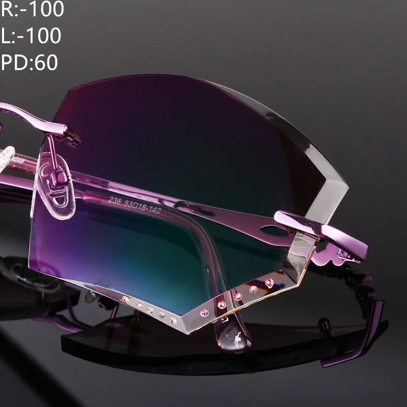 -1.00 Designer Glasses Frameless Diamond Purple Ultra-light Trimming Glasses Rimless Prescription Sunglasses Nearsighted Glasses