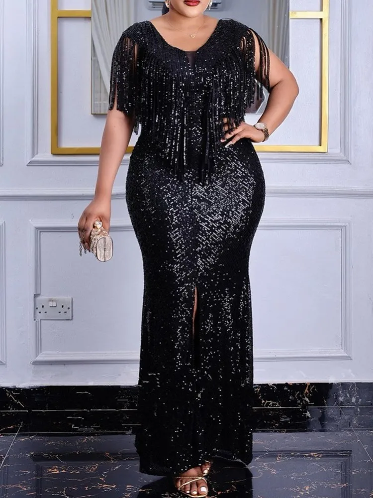 

African Dresses Women Summer Autumn Short Sleeve Black Tassel Sequined Long Maxi Dress Africa Clothes African Boubou Dress