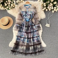 french high end tie dye printed dress with stand up collar and buttoned lantern sleeves waist slimming mesh pleated midi skirt