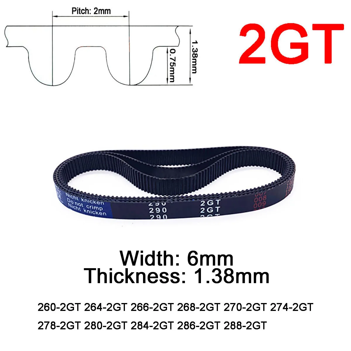 

1Pc Width 6mm 2GT/GT2 Timing Belt Pitch Length 260 264 266 268 270 274 278 280 284 286 288mm Closed Loop Synchronous Belt