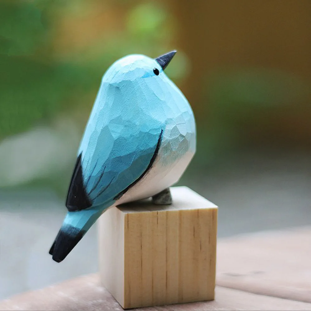 

Nordic Home Decoration Craft Pure Handmade Solid Wood Carving Fat Bird Mountain Blue Robin Desktop Ornament Figurine Gifts