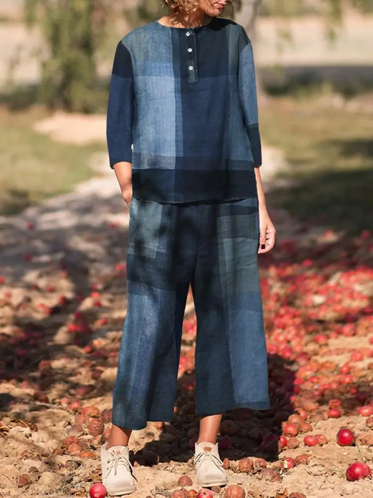 

Женские Модные городские спортивные костюмы ZANZEA, женские винтажные комплекты из 2 предметов, летняя блузка с длинным рукавом и брюки с эластичным поясом