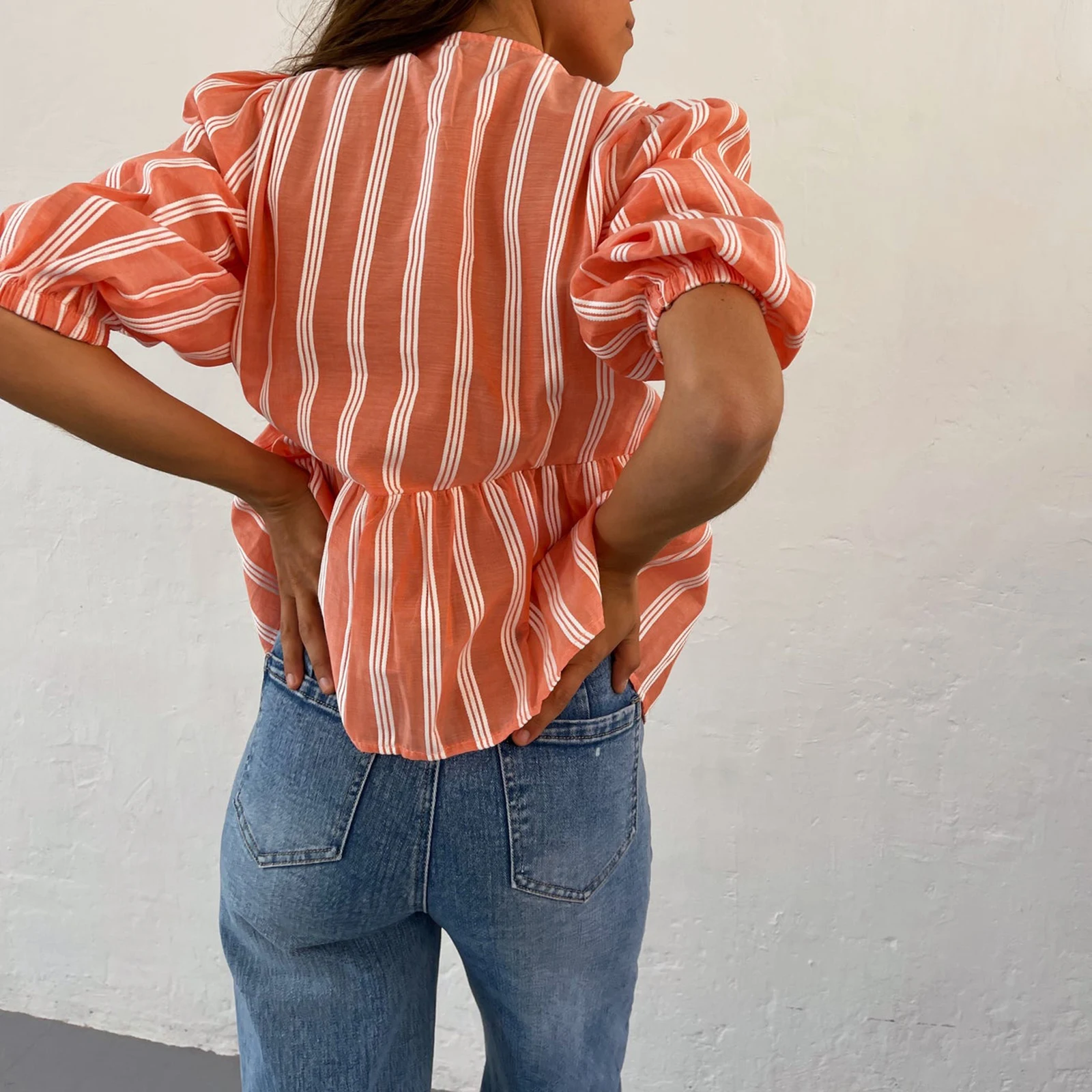 Женские рубашки Y2K с коротким рукавом буфами и баской блузка в полоску завязкой