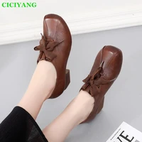 ciciyang genuine leather womens singles shoes 2022 spring new thick heel retro square head deep mouth dress shoes black size 41