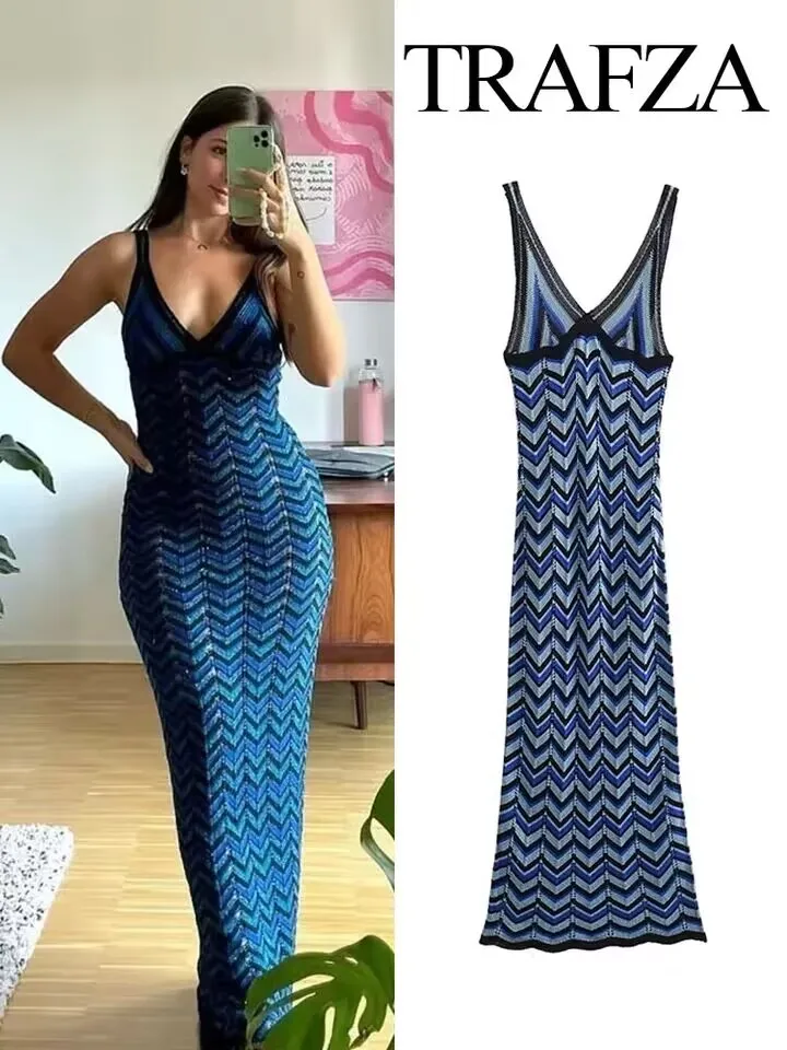 

TRAFZA Female Black And Blue Geometric Pattern Long Dresses Summer Sleeveless Backless Woman's Elegant Sexy Suspenders Dresses